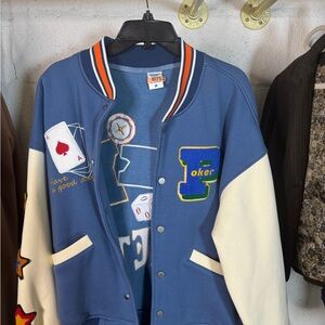 Blue and Cream Varsity Jacket with Poker Theme